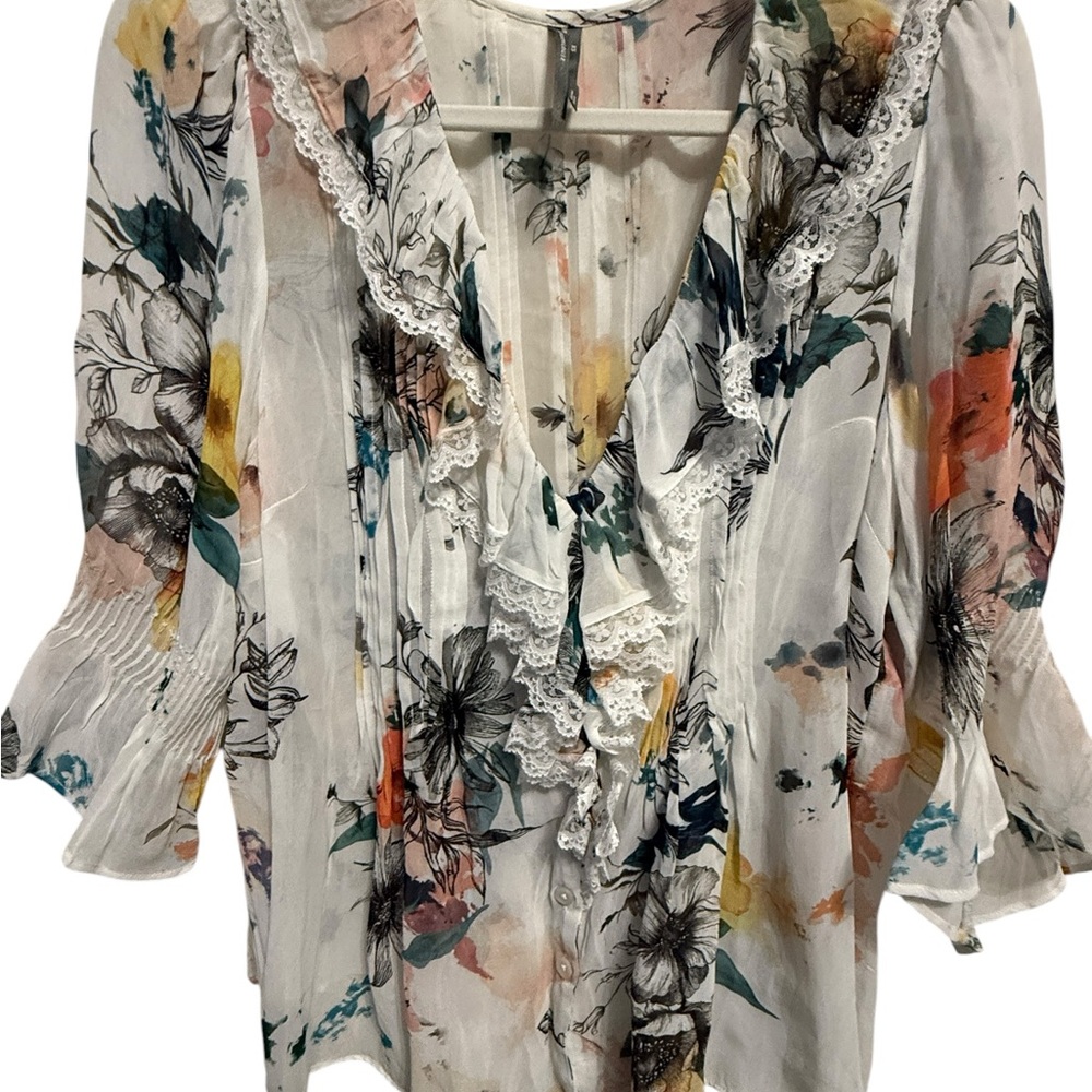 Anthropologie sheer floral lace detailed blouse size XS ( runs large:) NWOT - Picture 7 of 13